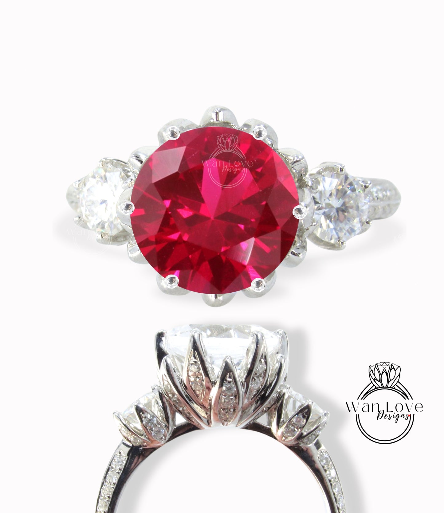 Ruby & Diamond Lotus Flower 3 Gemstone Engagement Ring, Custom, Anniversary Gift, 14k 18k Gold, Platinum, WanLoveDesigns