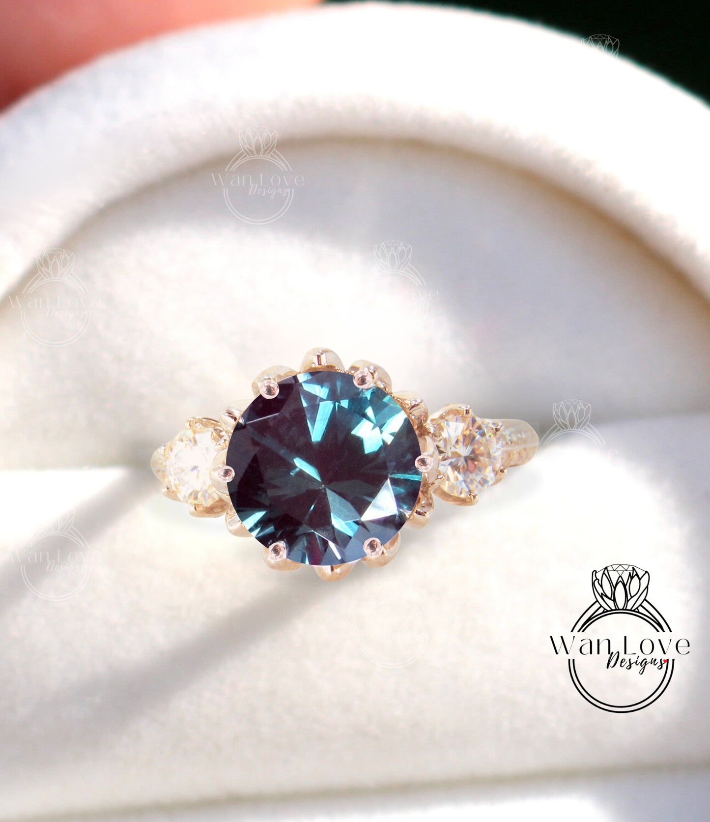 Alexandrite & Diamonds Lotus Flower 3 gemstone Engagement Ring 14k 18k White Yellow Rose Gold-Platinum-Custom made-Wedding-Anniversary