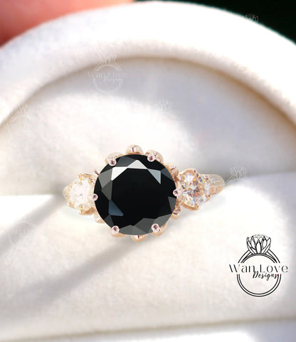 Black Spinel & Diamond Lotus Flower 3 gemstone Engagement Ring, Custom,Round,14k White Yellow Rose gold-Platinum