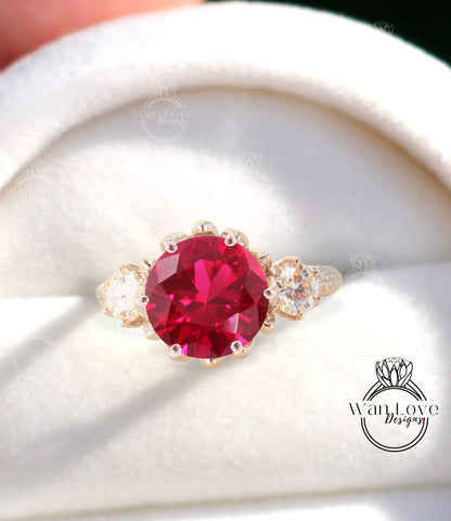 Ruby & Diamond Lotus Flower 3 Gemstone Engagement Ring, Custom, Anniversary Gift, 14k 18k Gold, Platinum, WanLoveDesigns