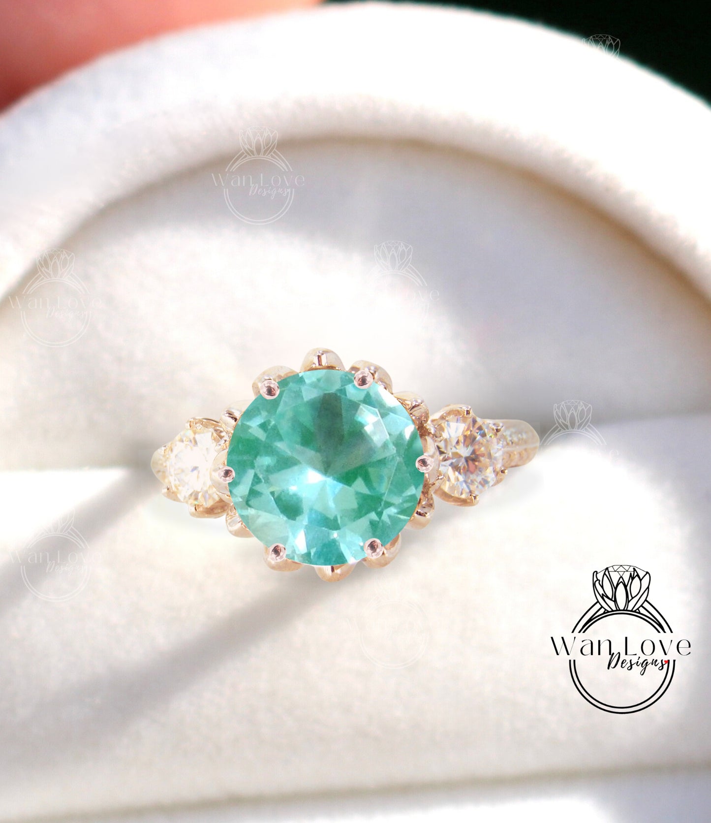 Teal Spinel & Diamonds Lotus Flower 3 gemstone Engagement Ring, Round Floral Ring, Custom-Weding-Anniversary Gift