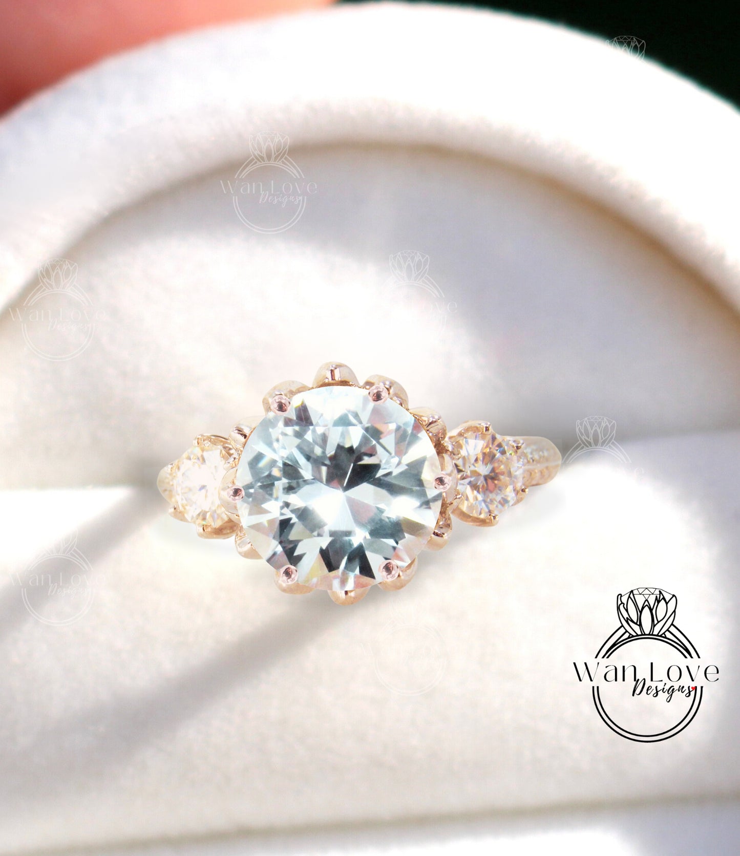 Lotus Flower White Sapphire Diamond Engagement Ring vintage Round 3 gem stone gold ring unique antique flower wedding bridal promise ring