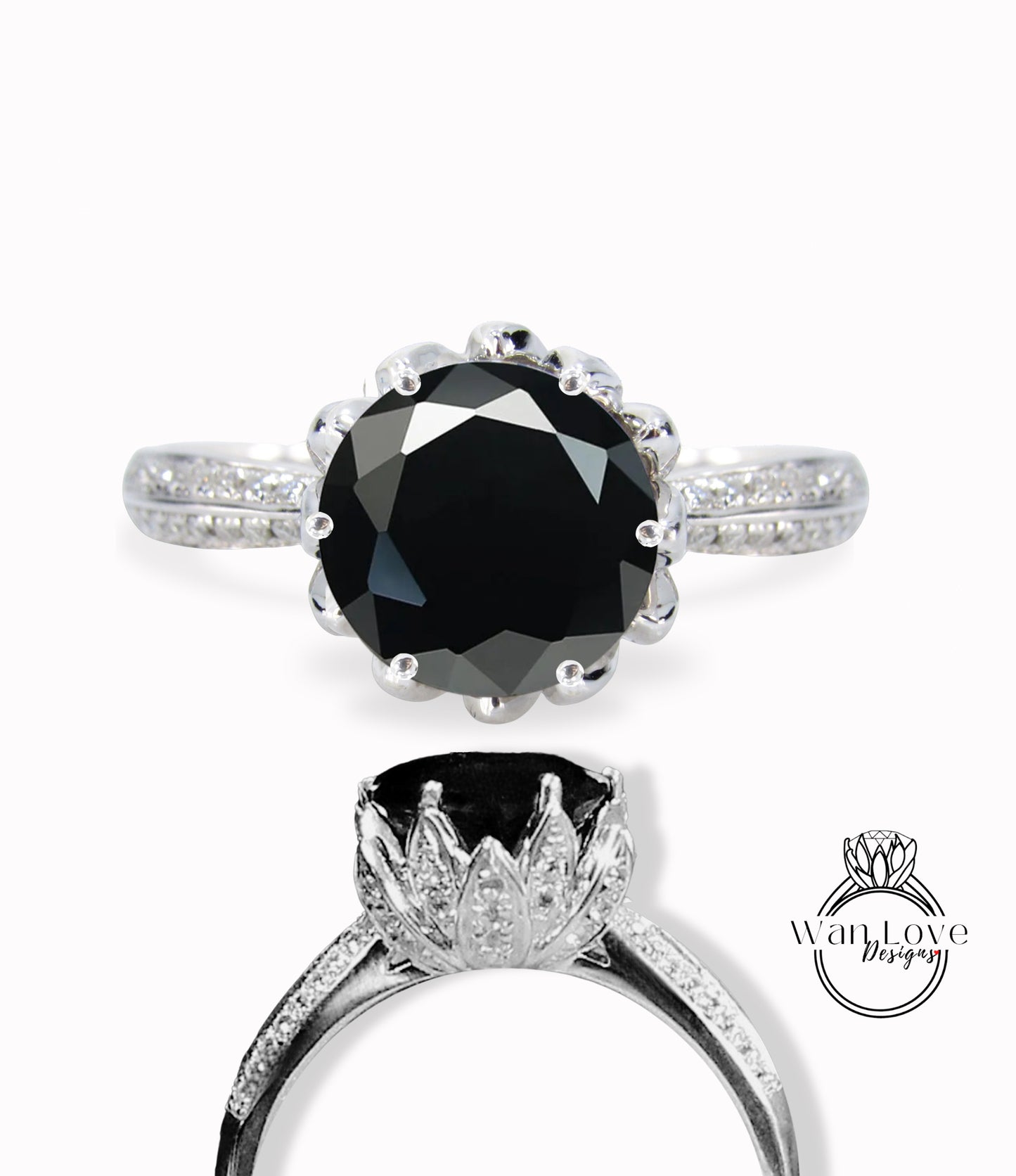 Anello di fidanzamento con diamante Moissanite nero fiore di loto Anello vintage rotondo in oro con loto anello antico unico anello di promessa nuziale regalo