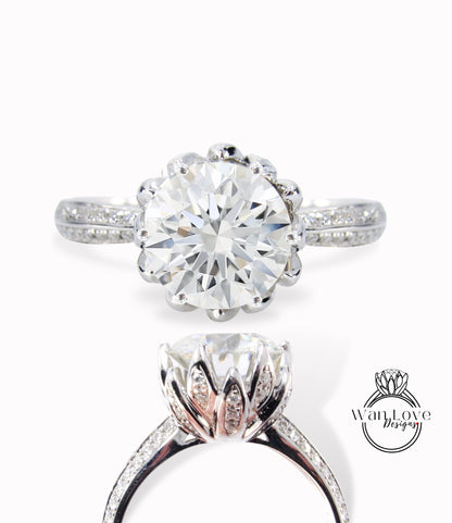 Diamond Lotus Flower Ring, Round Diamond Ring White Gold, Certified Lab Diamond Ring Band,Unique Diamond Ring 14k White Gold Engagement Ring