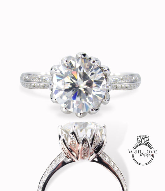 3ct White Gold Moissanite Lotus Flower Engagement Ring round moissanite lotus flower bridal wedding aniversary ring gift for her Ready