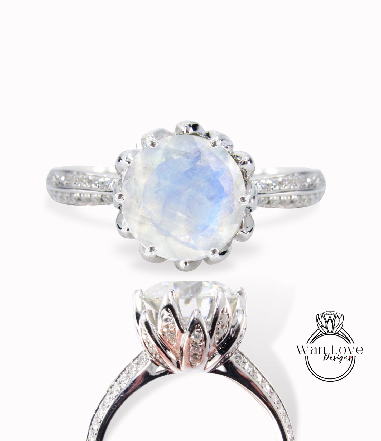 Moonstone & Diamond Lotus Flower Round Engagement Ring, 14k 18k White Yellow Rose Gold-Platinum-Custom made size-Wedding-Anniversary