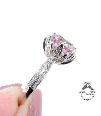 Anello di fidanzamento con fiore di loto con zaffiro rotondo pesca rosa cipria da 3 ct | Anello Fiore di Loto | Anello unico | Anello Moissanite | Pronto a spedire