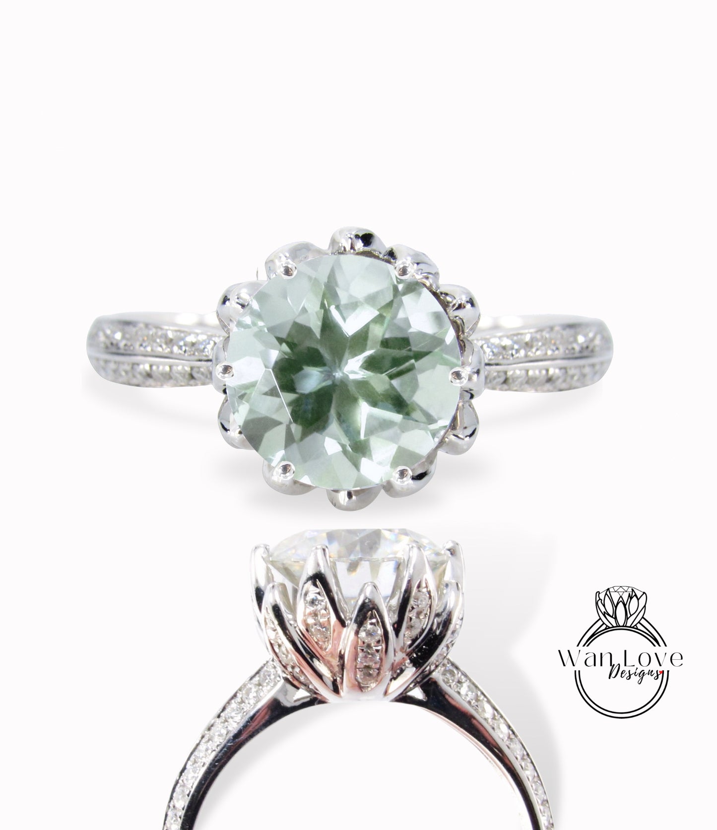 Prasiolite Green Amethyst & Diamond Lotus Flower Engagement Ring, Round, 14k 18k White Yellow Rose Gold, Platinum, Custom, Wedding