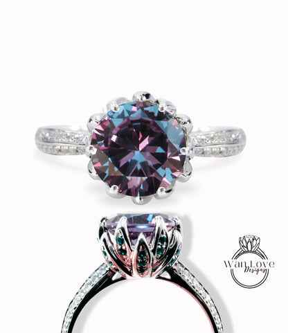 Purple Sapphire Alexandrite Color Diamond & Emerald Lotus Flower Engagement Ring 14k 18k White Yellow Rose Gold-Platinum-Round