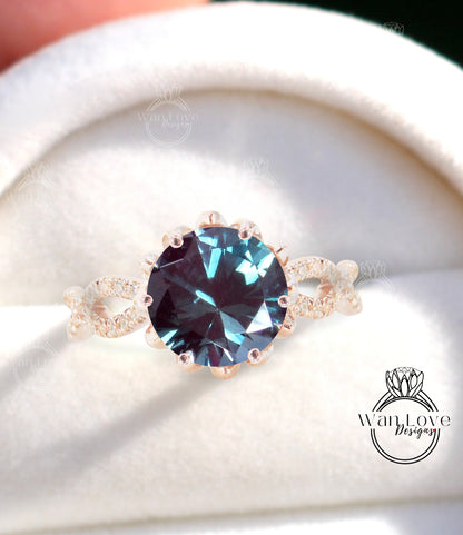 Alexandrite engagement ring vintage Lotus flower two row ring Diamond twisted ring rose gold unique floral Bridal Promise Anniversary ring