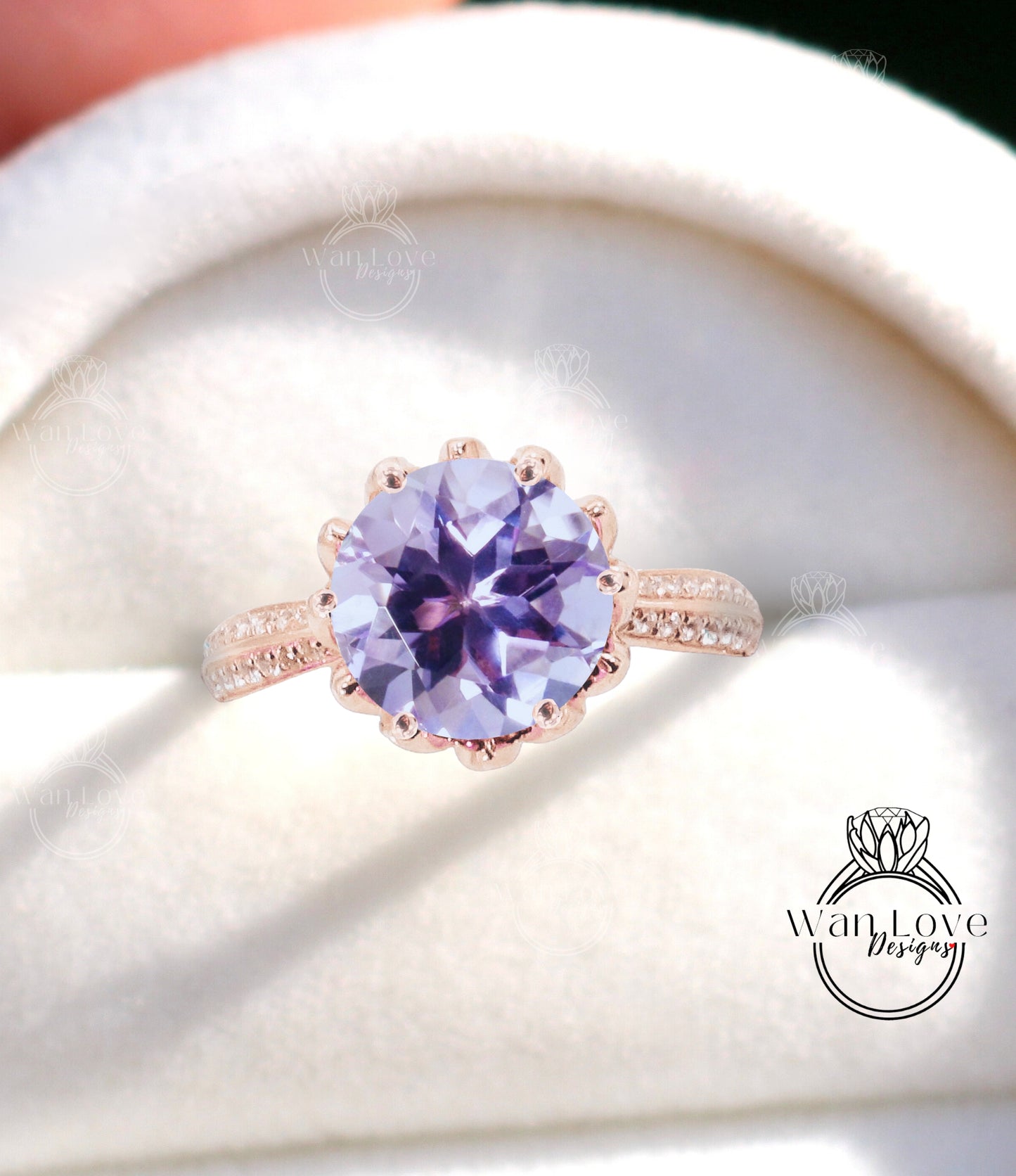 Lavender Amethyst & Diamond Lotus Flower Engagement Ring, 14k 18k White Yellow Rose Gold-Platinum-Custom-Wedding, Anniversary Gift