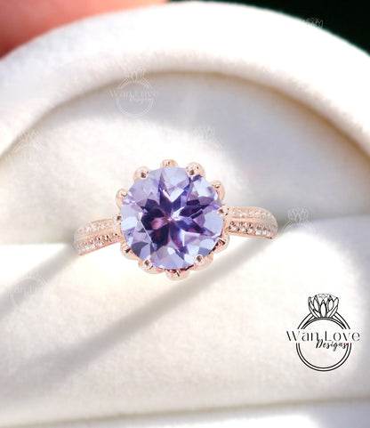 Anello di fidanzamento con fiore di loto con ametista lavanda e diamante, 14k 18k bianco giallo oro rosa-platino-matrimonio personalizzato, regalo di anniversario