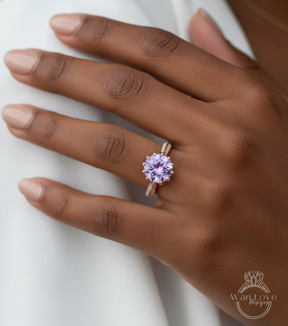 Anello di fidanzamento con fiore di loto con ametista lavanda e diamante, 14k 18k bianco giallo oro rosa-platino-matrimonio personalizzato, regalo di anniversario