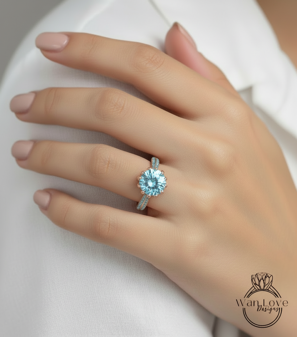 Anello di fidanzamento con fiore di loto con spinello blu acquamarina, 3 ct, 9 mm, anniversario di matrimonio personalizzato, 14k, 18k, bianco, giallo, oro rosa, platino, taglio rotondo
