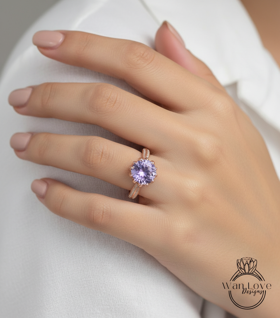 Anello di fidanzamento con fiore di loto con ametista lavanda e diamante, 14k 18k bianco giallo oro rosa-platino-matrimonio personalizzato, regalo di anniversario