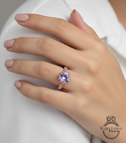 Anello di fidanzamento con fiore di loto con ametista lavanda e diamante, 14k 18k bianco giallo oro rosa-platino-matrimonio personalizzato, regalo di anniversario