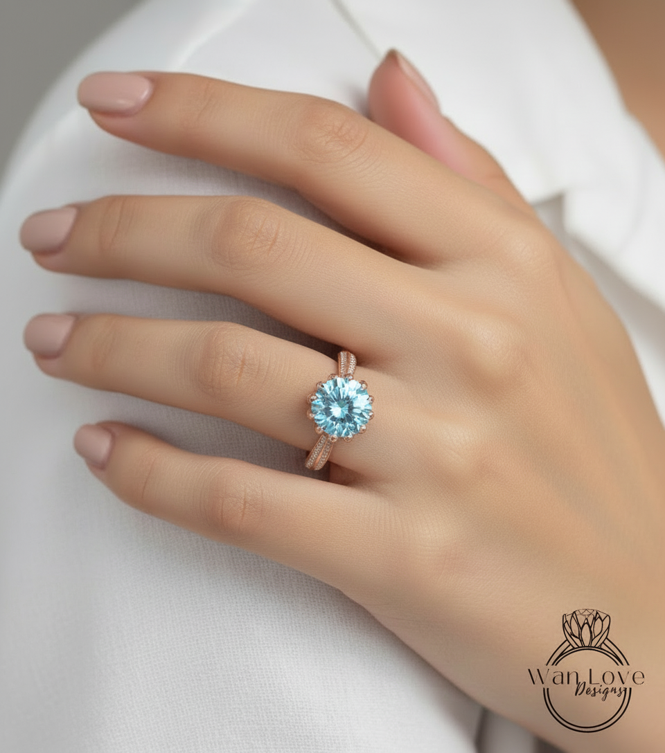 Anello di fidanzamento con fiore di loto con spinello blu acquamarina e diamante, rotondo, personalizzato, oro giallo bianco rosa 18k 14k, platino