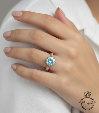 Anello di fidanzamento con fiore di loto con spinello blu acquamarina e diamante, rotondo, personalizzato, oro giallo bianco rosa 18k 14k, platino