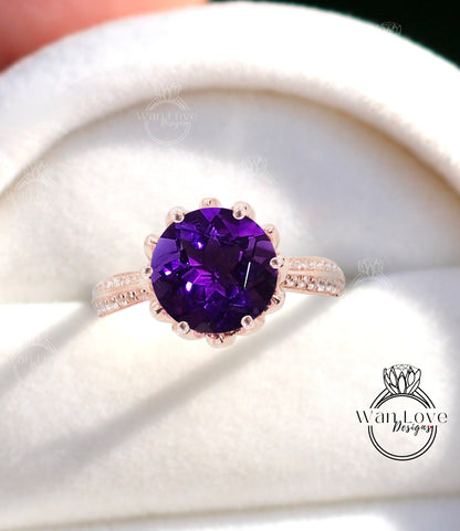 Amethyst & Diamond Lotus Flower Engagement Ring Round 14k 18k White Yellow Rose Gold-Platinum-Custom-Wedding-Anniversary Gift