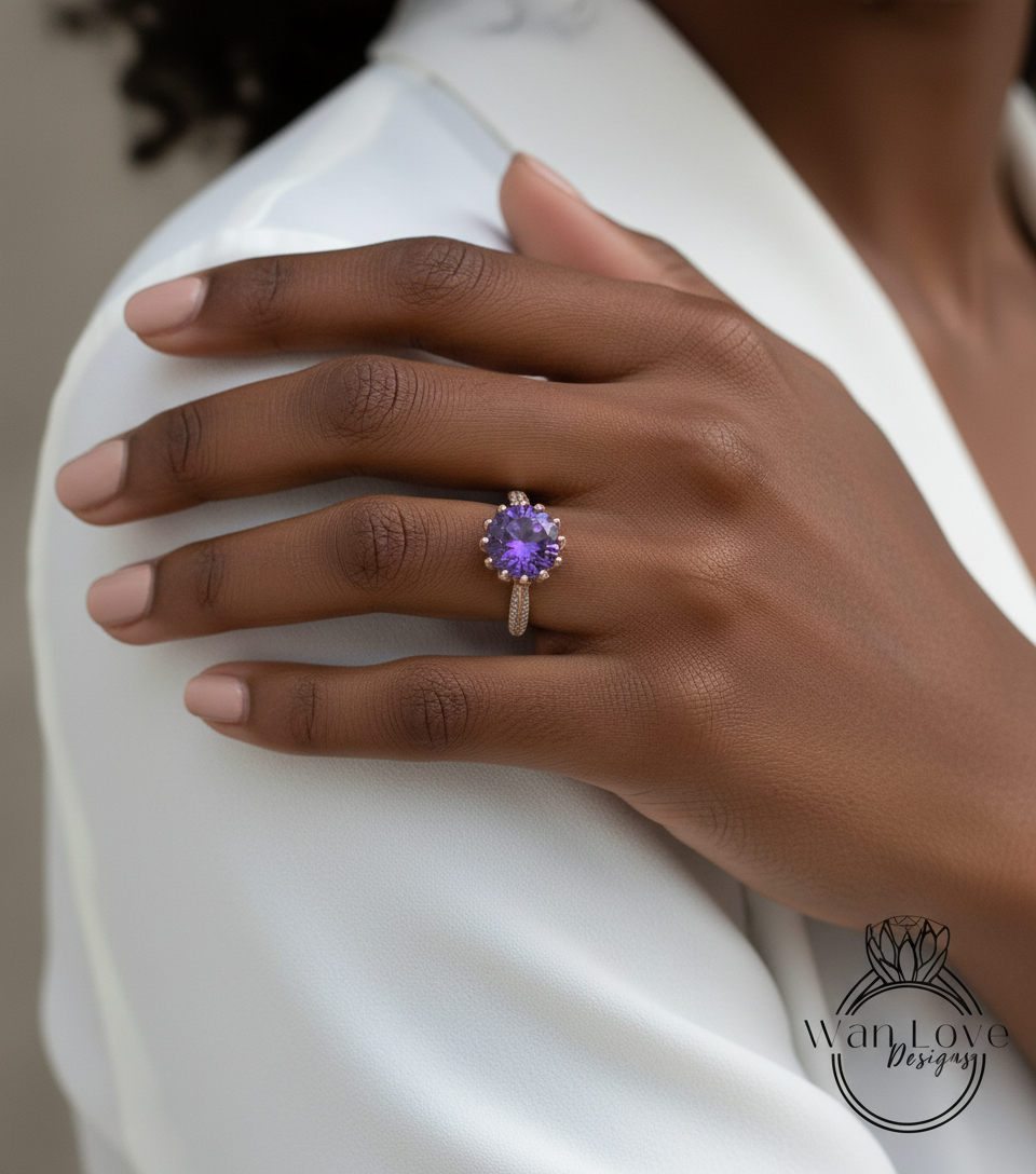 Anello di fidanzamento con fiore di loto con ametista e diamante rotondo 14k 18k bianco giallo oro rosa-platino-regalo personalizzato per anniversario di matrimonio