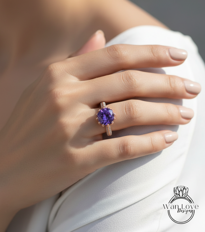 Anello di fidanzamento con fiore di loto con ametista e diamante rotondo 14k 18k bianco giallo oro rosa-platino-regalo personalizzato per anniversario di matrimonio