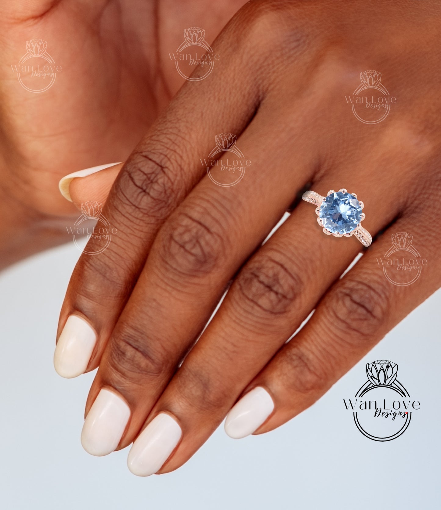 Aquamarine Blue Spinel & Diamond Lotus Flower Engagement Ring, Round, Custom, 14k 18k Rose White Yellow Gold, Platinum