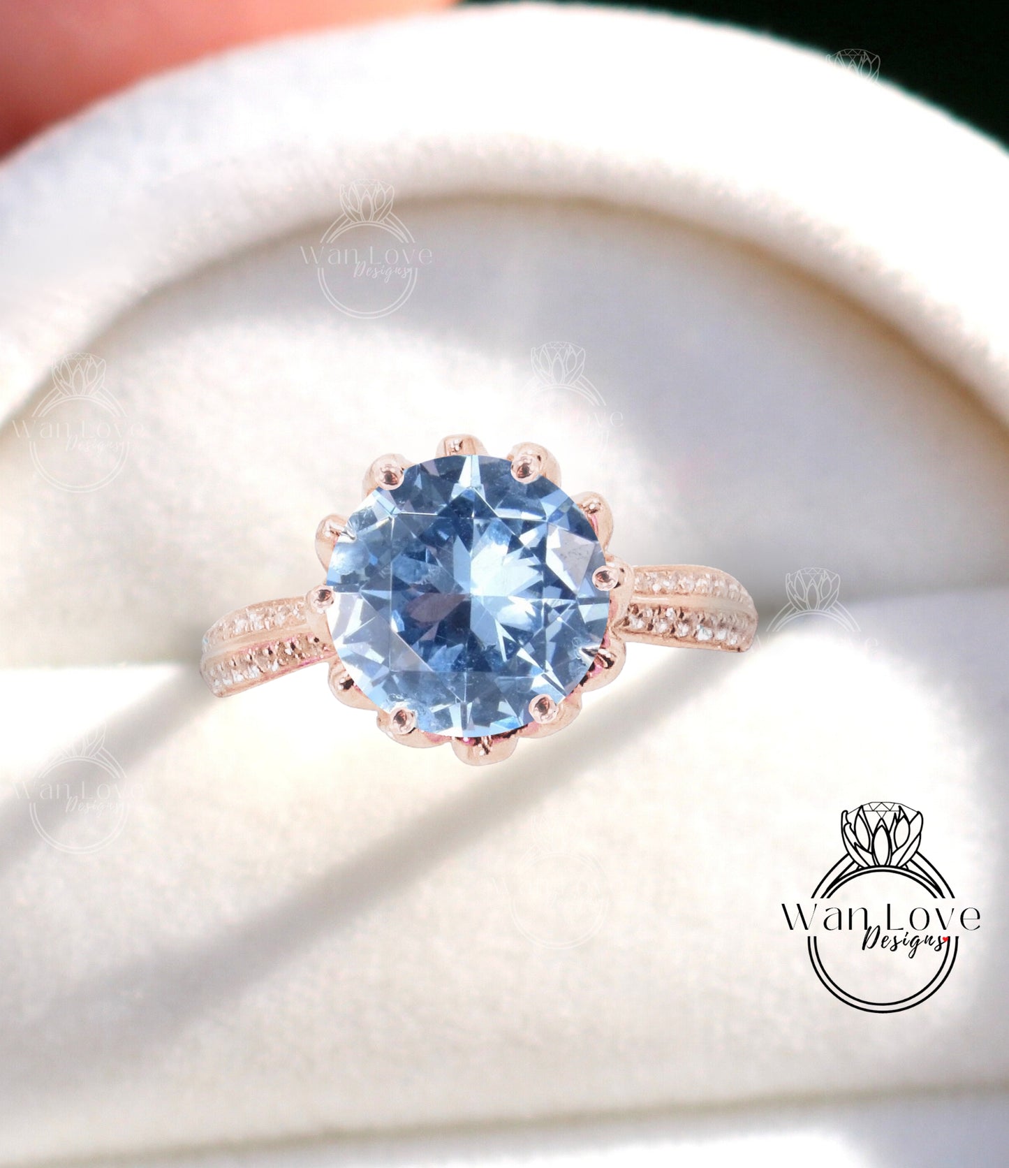 Aquamarine Blue Spinel & Diamond Lotus Flower Engagement Ring, Round, Custom, 14k 18k Rose White Yellow Gold, Platinum