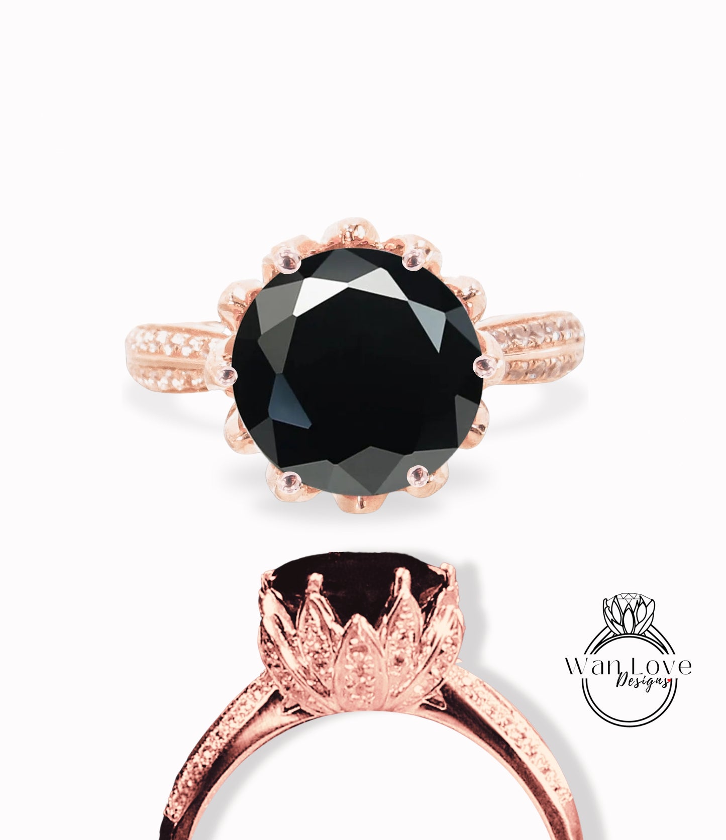 Lotus Flower Black Moissanite Diamond Engagement Ring vintage Round Lotus gold ring unique antique ring wedding bridal promise ring gift