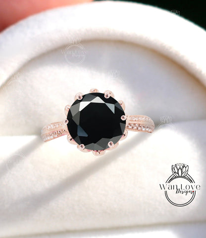 Anello di fidanzamento con diamante Moissanite nero fiore di loto Anello vintage rotondo in oro con loto anello antico unico anello di promessa nuziale regalo