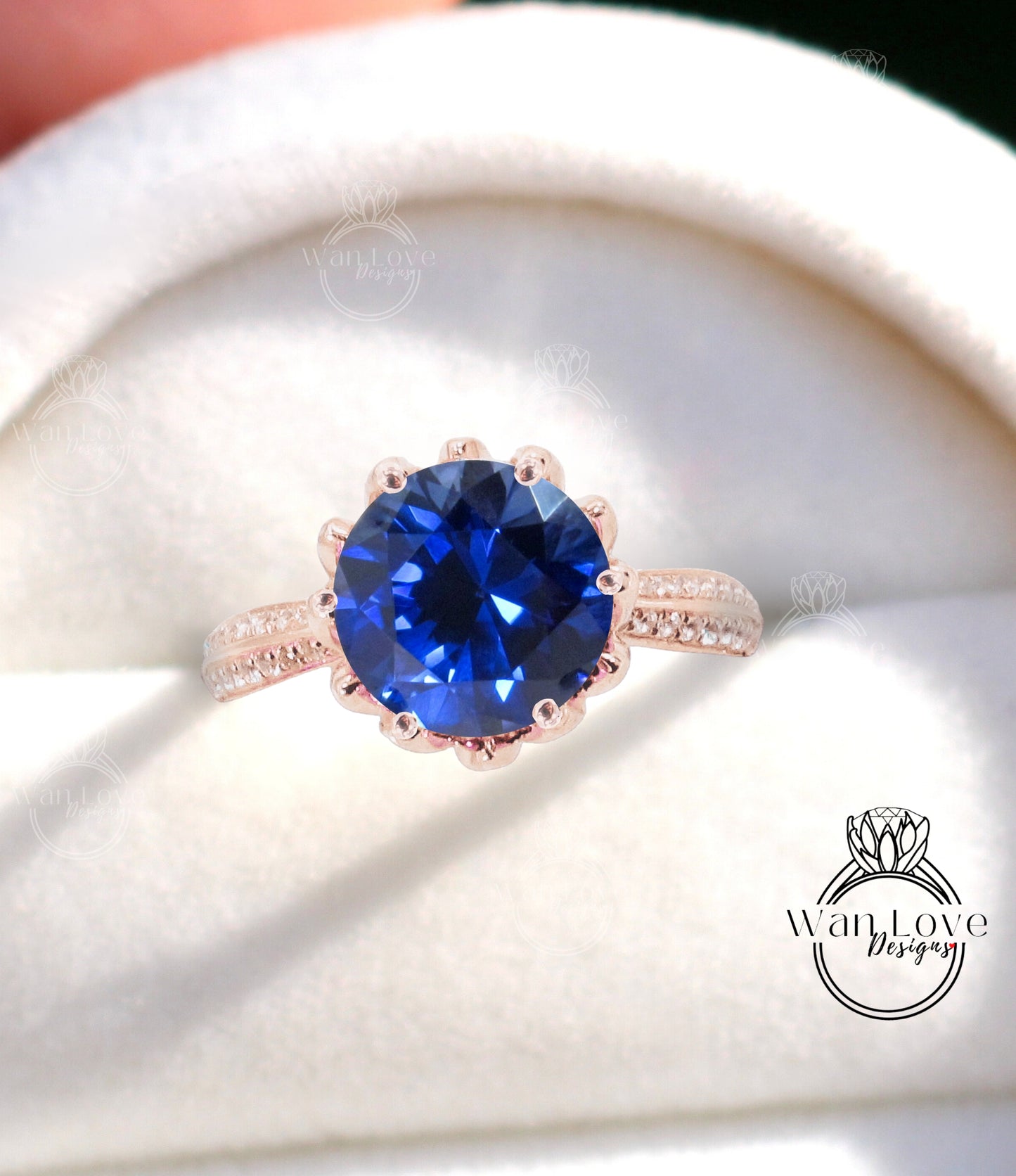 Blue Sapphire Diamond Lotus Flower Engagement Ring, Floral, Round, Custom made, Wedding, Anniversary Gift, Commitment, Proposal