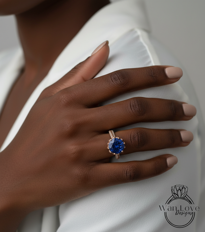 Blue Sapphire Diamond Lotus Flower Engagement Ring, Floral, Round, Custom made, Wedding, Anniversary Gift, Commitment, Proposal