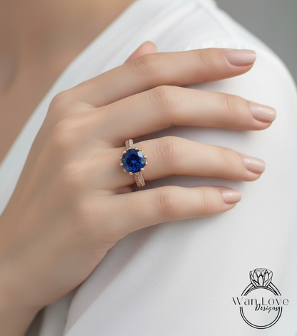 Blue Sapphire Diamond Lotus Flower Engagement Ring, Floral, Round, Custom made, Wedding, Anniversary Gift, Commitment, Proposal