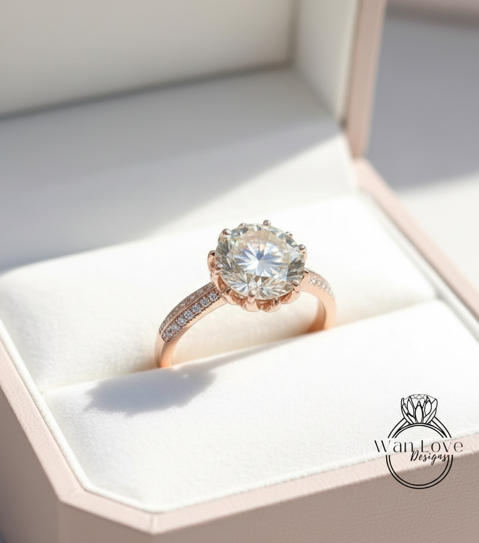 Anello di fidanzamento rotondo con diamante e moissanite champagne, fiore di loto, crema, floreale, personalizzato, matrimonio, oro giallo rosa bianco 14k 18k