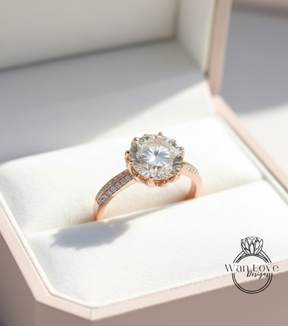 Anello di fidanzamento rotondo con diamante e moissanite champagne, fiore di loto, crema, floreale, personalizzato, matrimonio, oro giallo rosa bianco 14k 18k