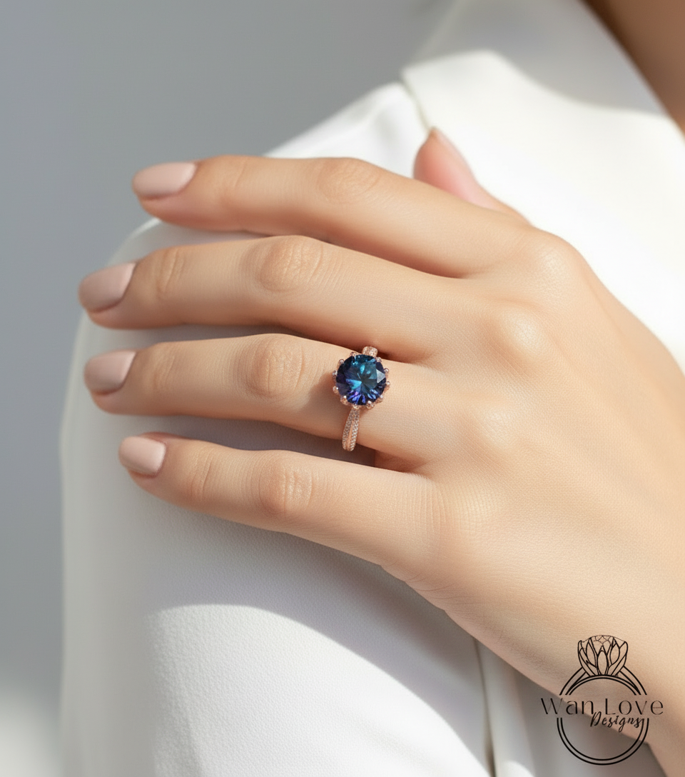Alexandrite & Diamond Lotus Flower Engagement Ring, Round, Custom,14k 18k White Yellow Rose Gold,Platinum,Wedding,Anniversary Gift