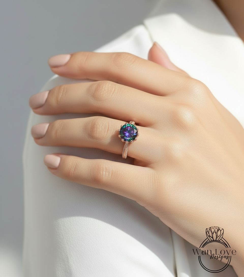 Rainbow Quartz Diamond Lotus Engagement Ring Round cut-Custom-Wedding-Anniversary-14k 18k White Yellow Rose Gold-Platinum