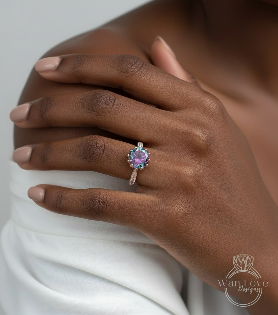 Rainbow Quartz Diamond Lotus Engagement Ring Round cut-Custom-Wedding-Anniversary-14k 18k White Yellow Rose Gold-Platinum