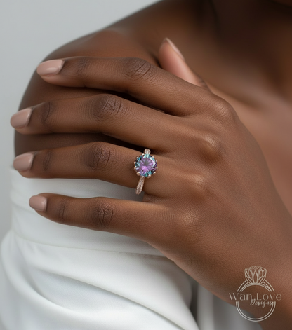 Rainbow Quartz Diamond Lotus Engagement Ring Round cut-Custom-Wedding-Anniversary-14k 18k White Yellow Rose Gold-Platinum