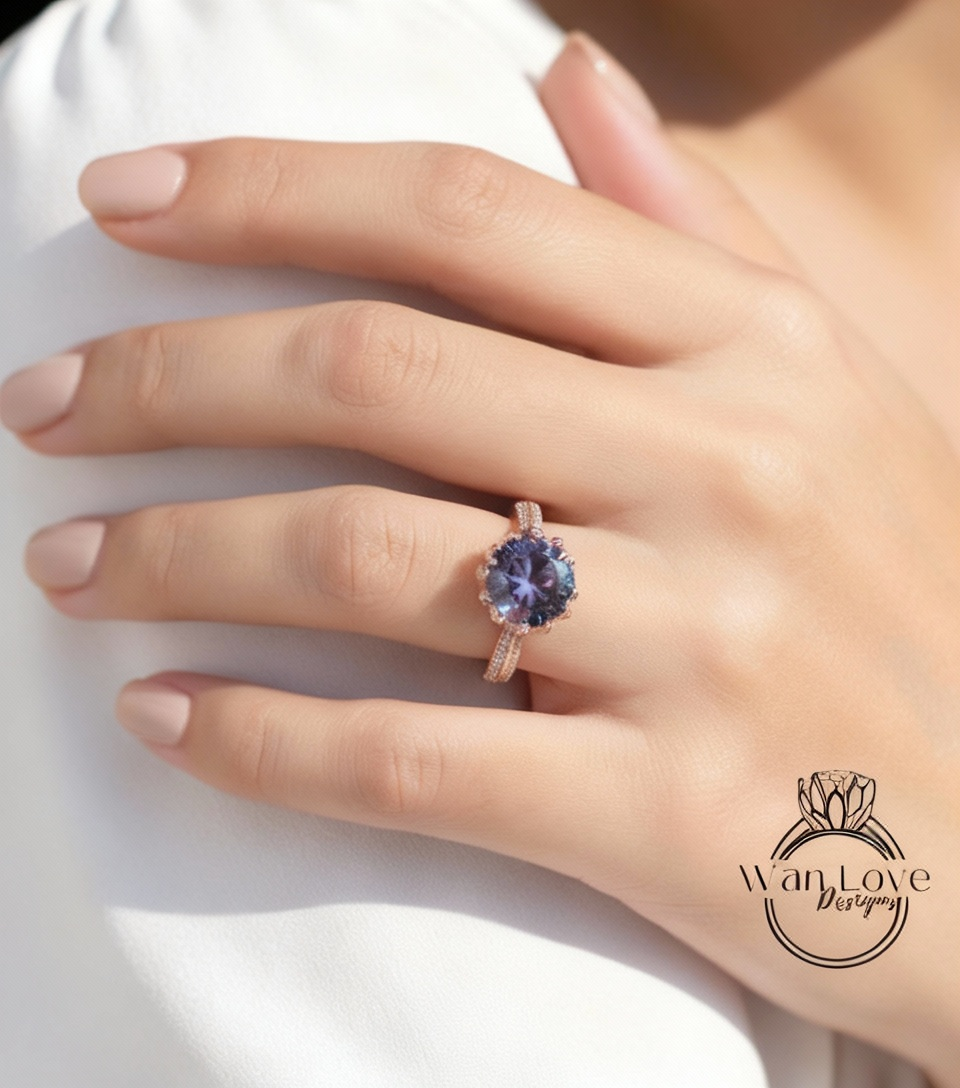 Alexandrite Sapphire engagement ring Lotus Flower Diamond rose gold ring unique diamond flower purple ring Anniversary promise bridal ring