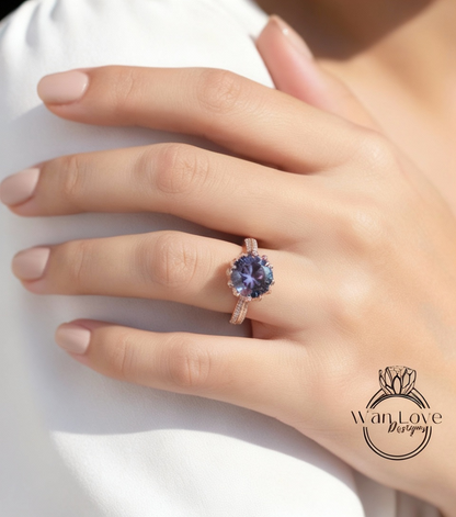 Alexandrite Sapphire engagement ring Lotus Flower Diamond rose gold ring unique diamond flower purple ring Anniversary promise bridal ring