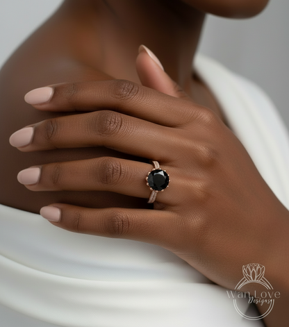 Black Spinel & Diamond Lotus Flower Engagement Ring, Floral, Round, Custom made size, Wedding, Promise,Anniversary Gift,Commitment