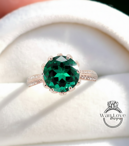 Lotus Flower ring, Emerald Flower Ring, Emerald & Diamond Gold Ring, Vintage Emerald Ring 14k Gold Lotus floral Emerald Engagement Ring