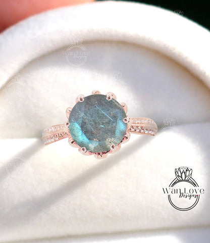 Labradorite Diamond Lotus Flower Engagement Ring, Custom, 14k 18 White Yellow Rose Gold-Platinum, Wedding, Anniversary Gift