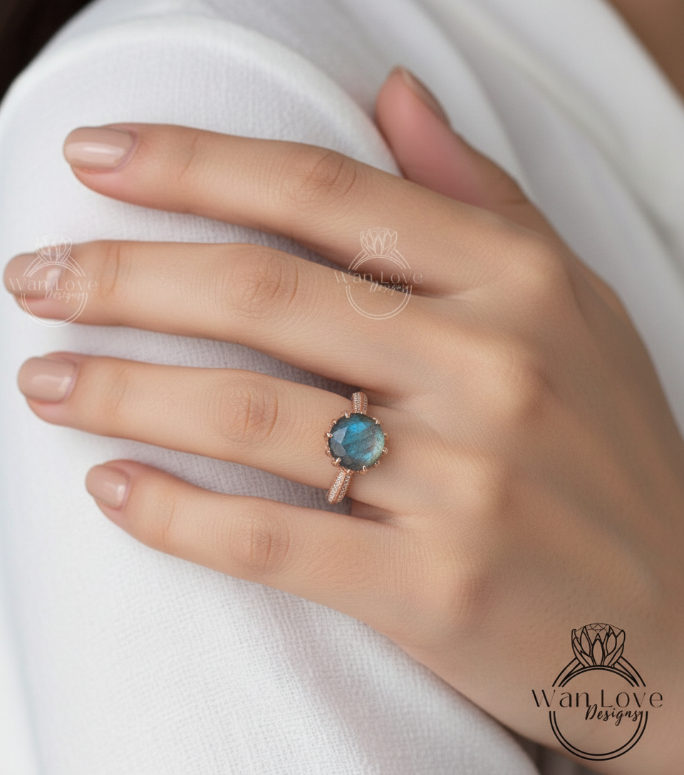 Labradorite Diamond Lotus Flower Engagement Ring, Custom, 14k 18 White Yellow Rose Gold-Platinum, Wedding, Anniversary Gift