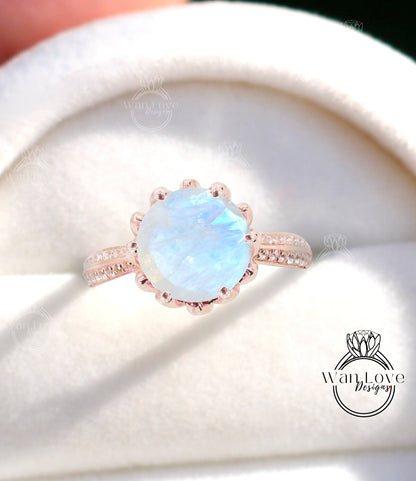 Moonstone & Diamond Lotus Flower Round Engagement Ring, 14k 18k White Yellow Rose Gold-Platinum-Custom made size-Wedding-Anniversary