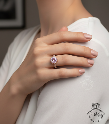Light Pink Sapphire & Diamonds Lotus Flower Round Engagement Rin 14k 18k White Yellow Rose Gold-Platinum-Custom-Wedding