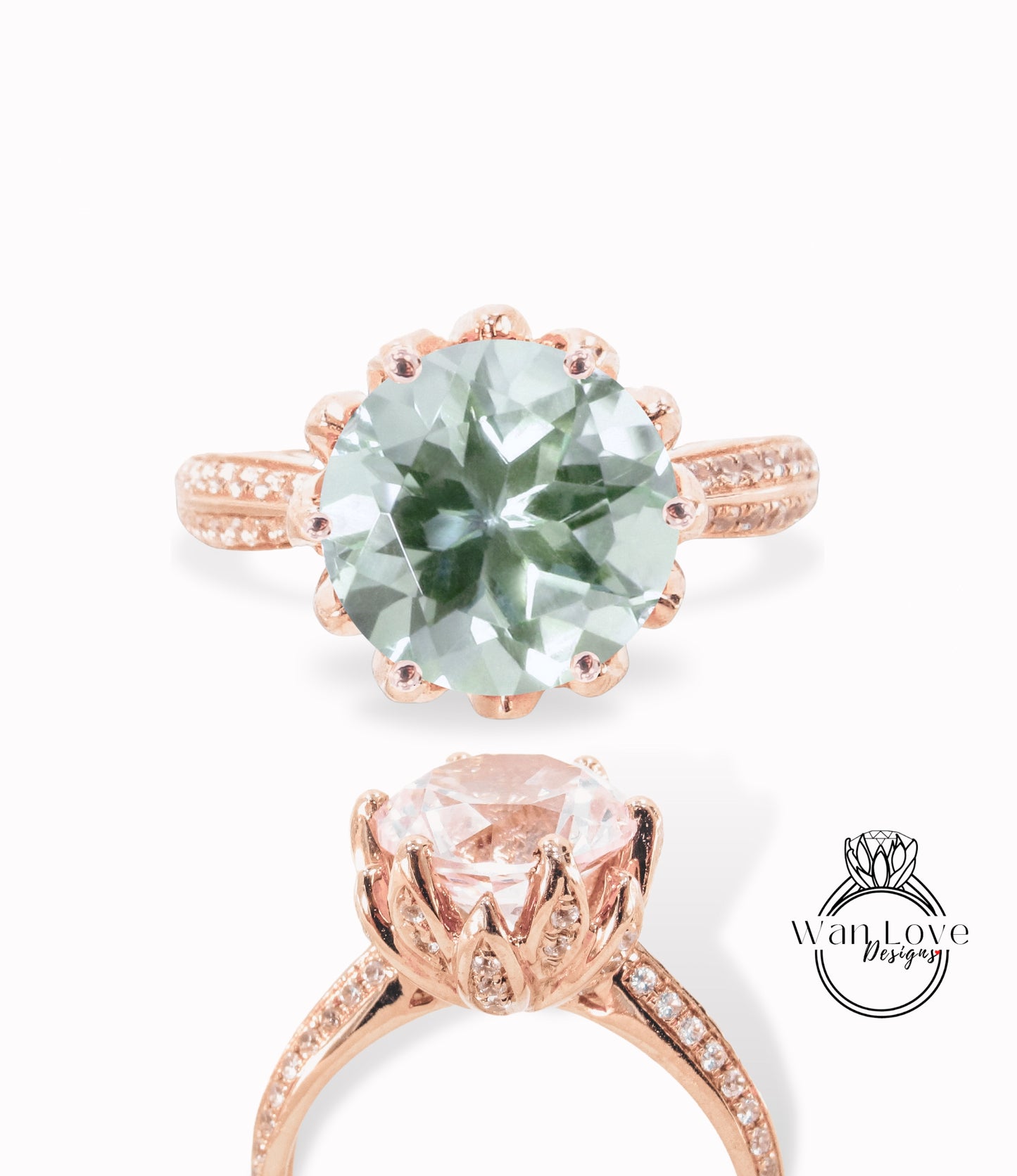 Prasiolite Green Amethyst & Diamond Lotus Flower Engagement Ring, Round, 14k 18k White Yellow Rose Gold, Platinum, Custom, Wedding