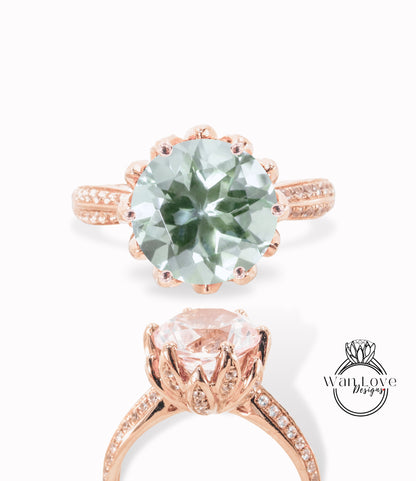 Prasiolite Green Amethyst & Diamond Lotus Flower Engagement Ring, Round, 14k 18k White Yellow Rose Gold, Platinum, Custom, Wedding