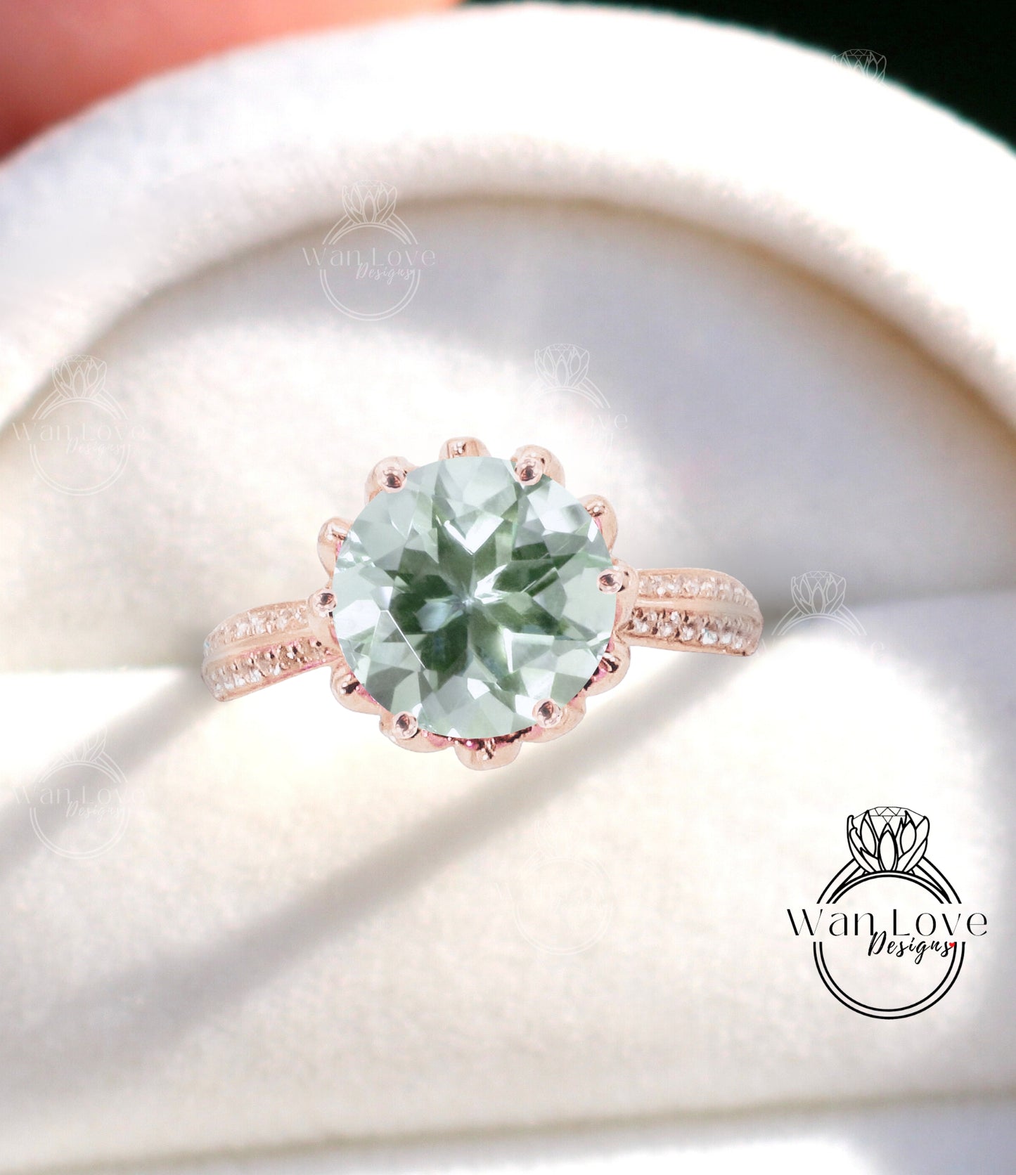 Anello di fidanzamento con fiore di loto con ametista verde e diamante Prasiolite, rotondo, 14k 18k bianco giallo oro rosa, platino, personalizzato, matrimonio