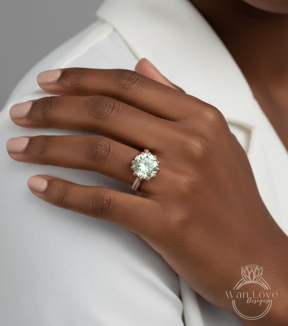 Anello di fidanzamento con fiore di loto con ametista verde e diamante Prasiolite, rotondo, 14k 18k bianco giallo oro rosa, platino, personalizzato, matrimonio